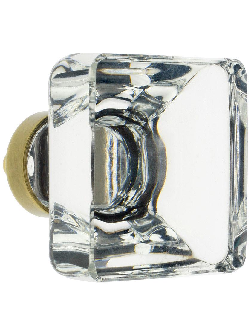 Lido Crystal Glass Cabinet Knob - 1 5/8 inch Square in Antique Brass.